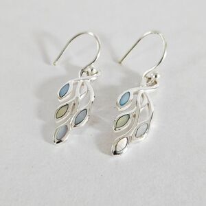 Charles Winston Signed Silver Pāua Shell Abalone Leaf Vine Drop Dangle Earrings